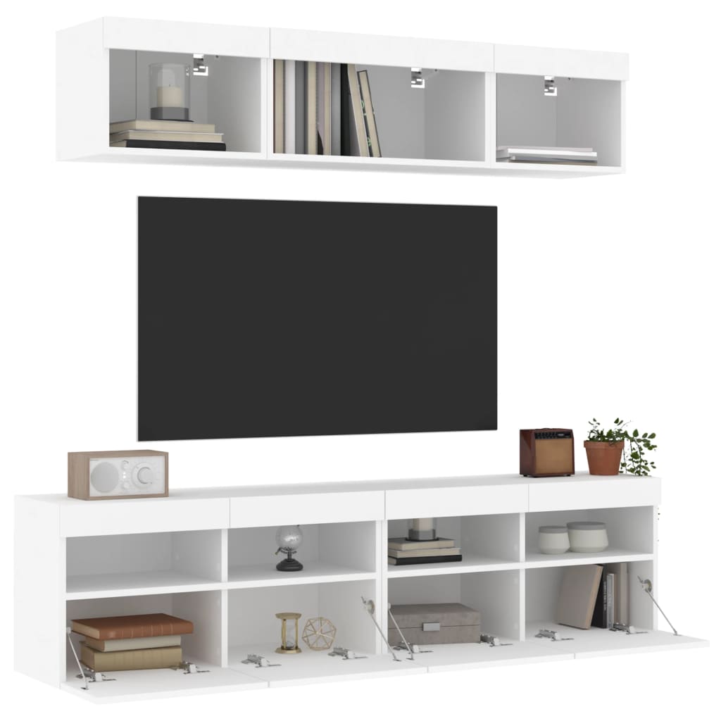 vidaXL Unități de perete TV cu LED-uri, 5 piese, alb, lemn prelucrat