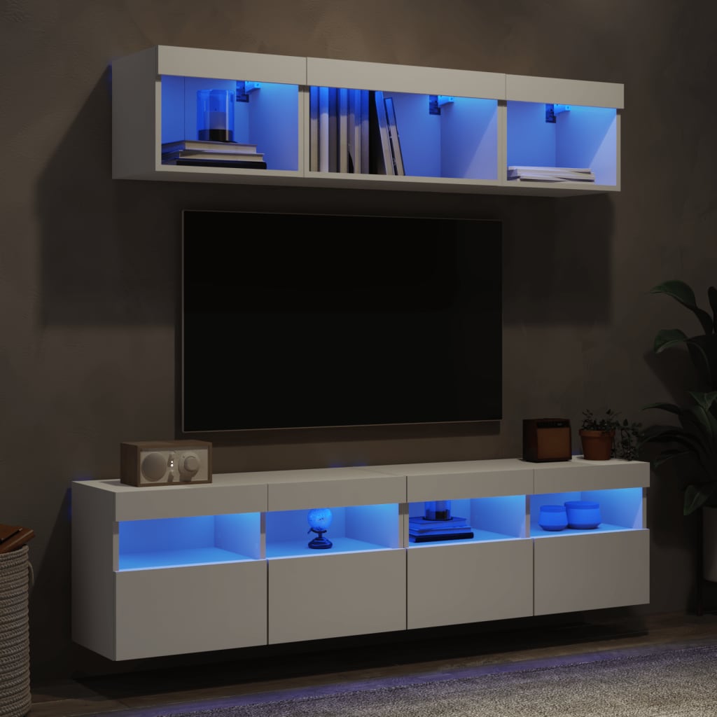 vidaXL Unități de perete TV cu LED-uri, 5 piese, alb, lemn prelucrat