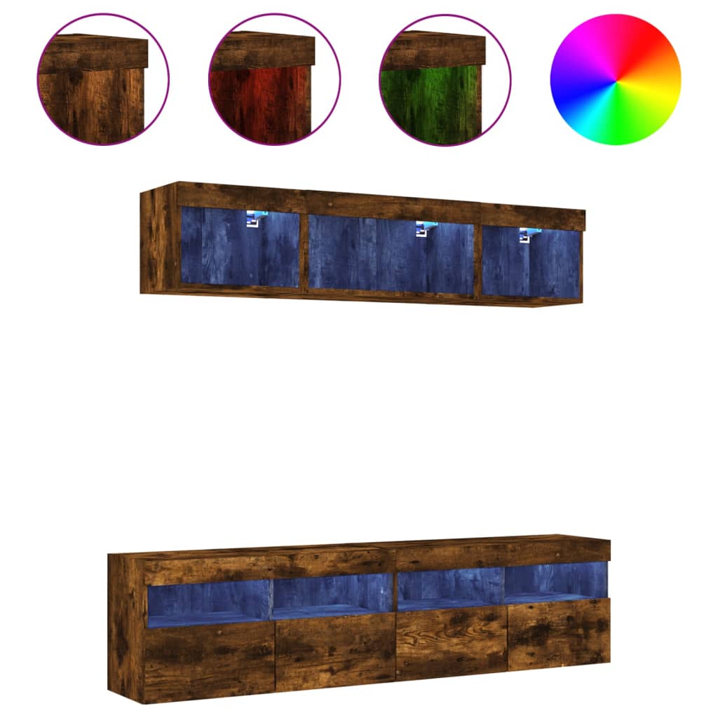 vidaXL Unități de perete TV cu LED-uri, 5 piese, stejar fumuriu, lemn