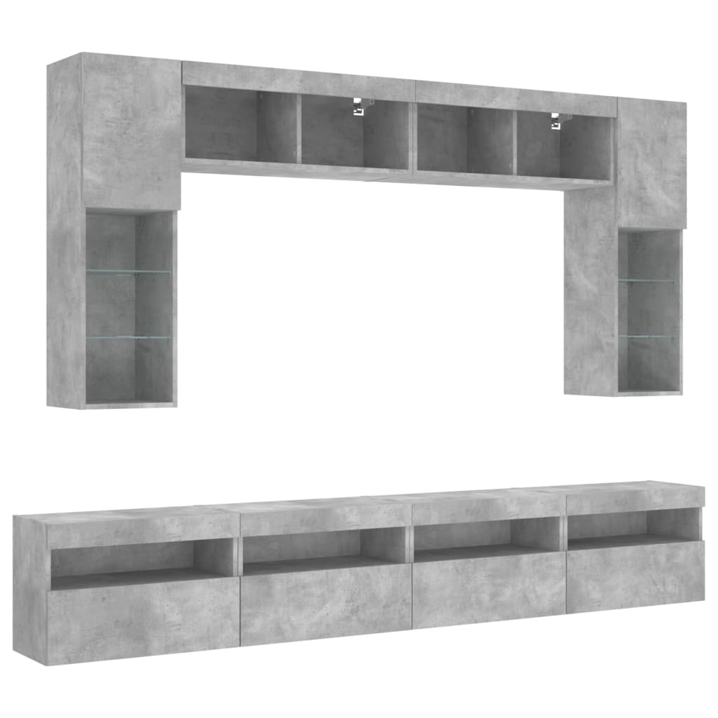 vidaXL Set comode TV de perete cu lumini LED, 8 piese, gri beton vidaXL Set comode TV de perete cu lumini LED, 8 piese, gri beton