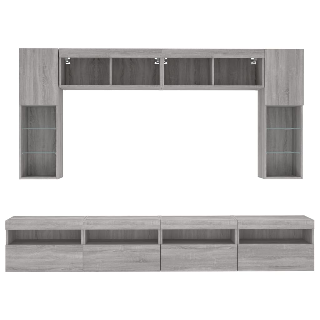 vidaXL Comode TV de perete cu lumini LED, 8 piese, gri sonoma