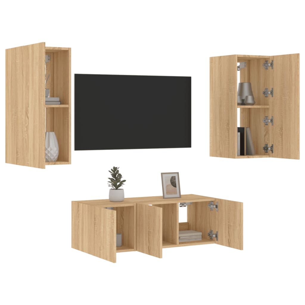 vidaXL Unități de perete TV cu LED-uri, 4 piese, stejar sonoma, lemn vidaXL Unități de perete TV cu LED-uri, 4 piese, stejar sonoma, lemn