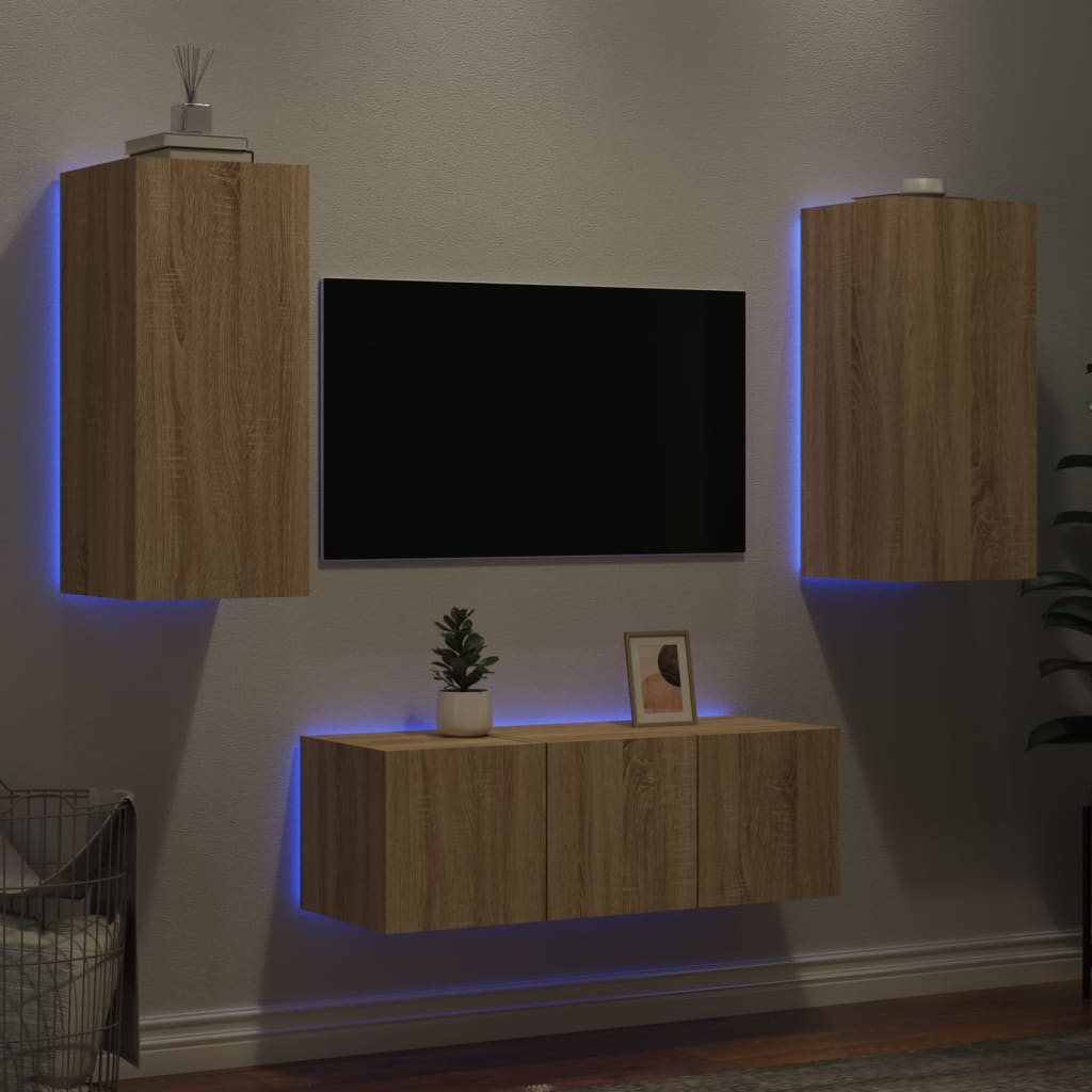 vidaXL Unități de perete TV cu LED-uri, 4 piese, stejar sonoma, lemn vidaXL Unități de perete TV cu LED-uri, 4 piese, stejar sonoma, lemn