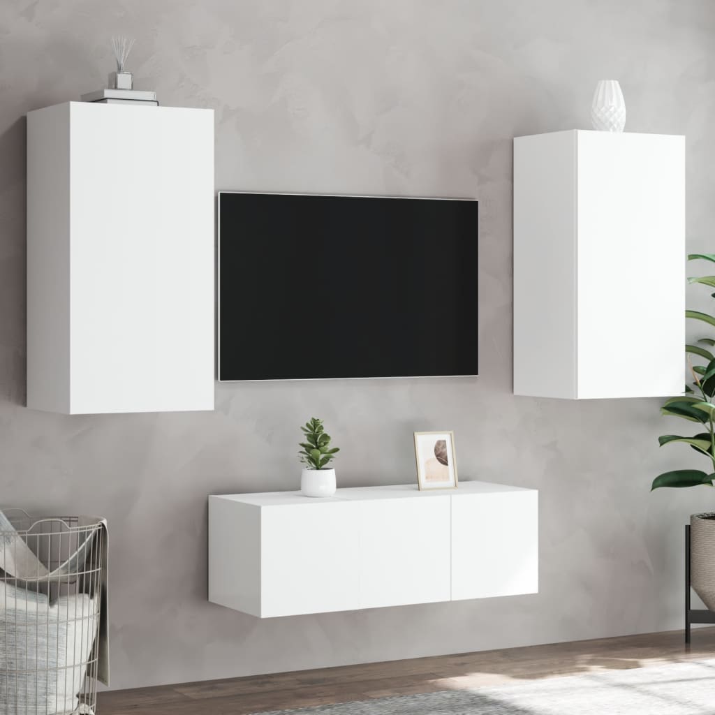vidaXL Unități de perete TV cu LED-uri, 4 piese, alb, lemn prelucrat vidaXL Unități de perete TV cu LED-uri, 4 piese, alb, lemn prelucrat