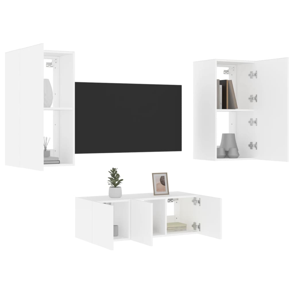 vidaXL Unități de perete TV cu LED-uri, 4 piese, alb, lemn prelucrat vidaXL Unități de perete TV cu LED-uri, 4 piese, alb, lemn prelucrat