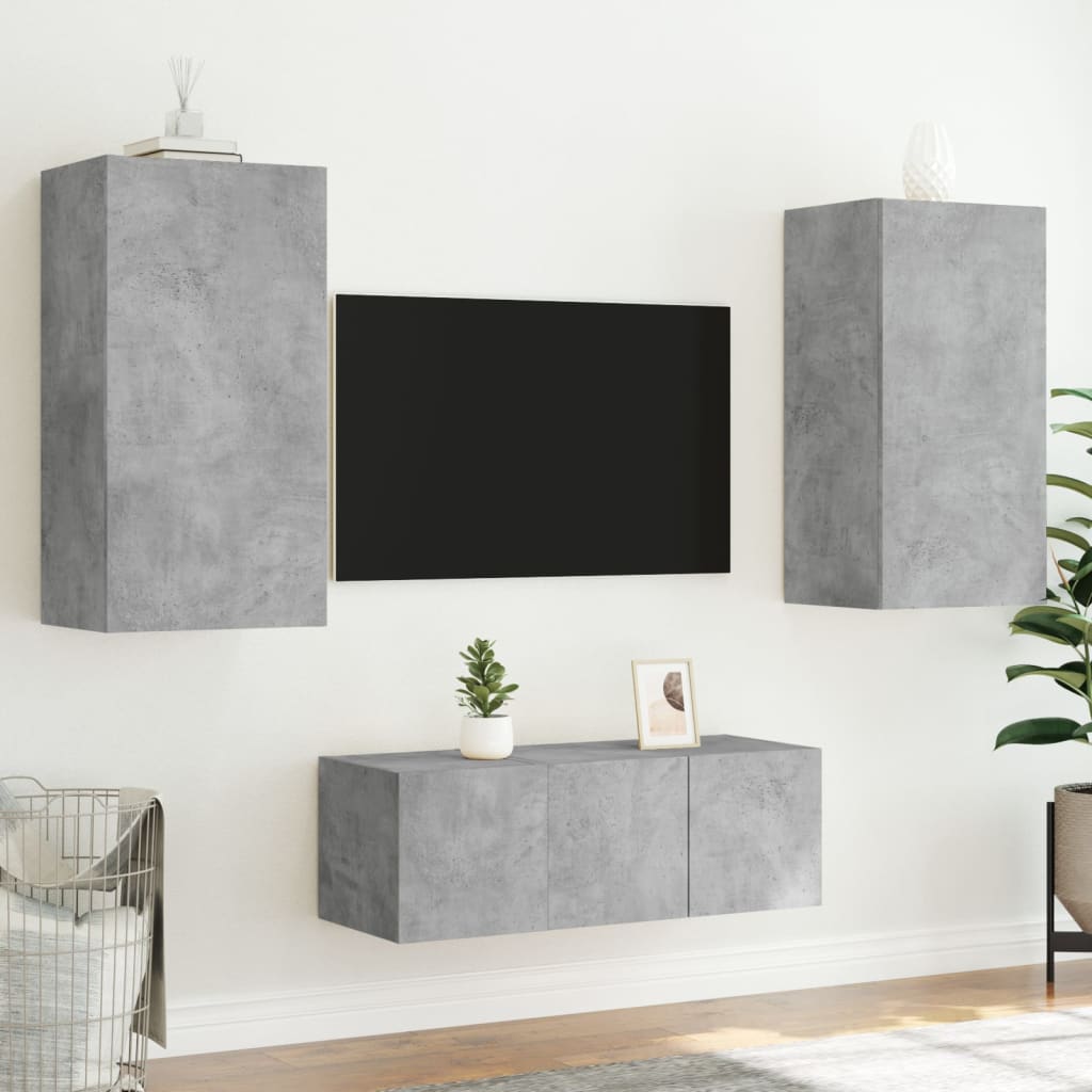 vidaXL Unități TV de perete cu LED-uri 4 piese gri beton lemn compozit