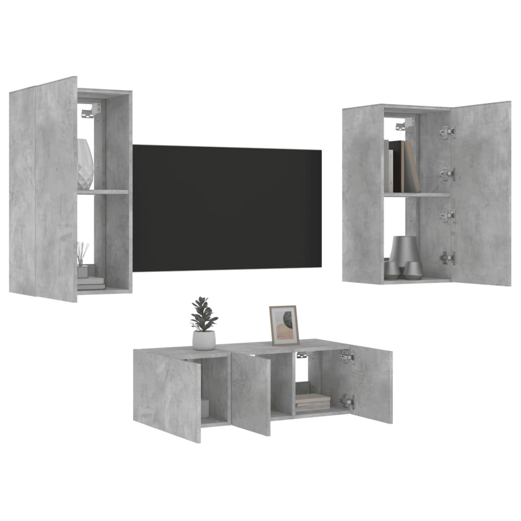 vidaXL Unități TV de perete cu LED-uri 4 piese gri beton lemn compozit
