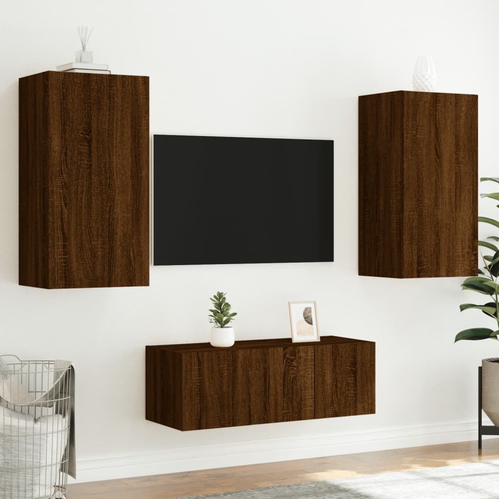 vidaXL Unități de perete TV cu LED-uri, 4 piese, stejar maro, lemn vidaXL Unități de perete TV cu LED-uri, 4 piese, stejar maro, lemn