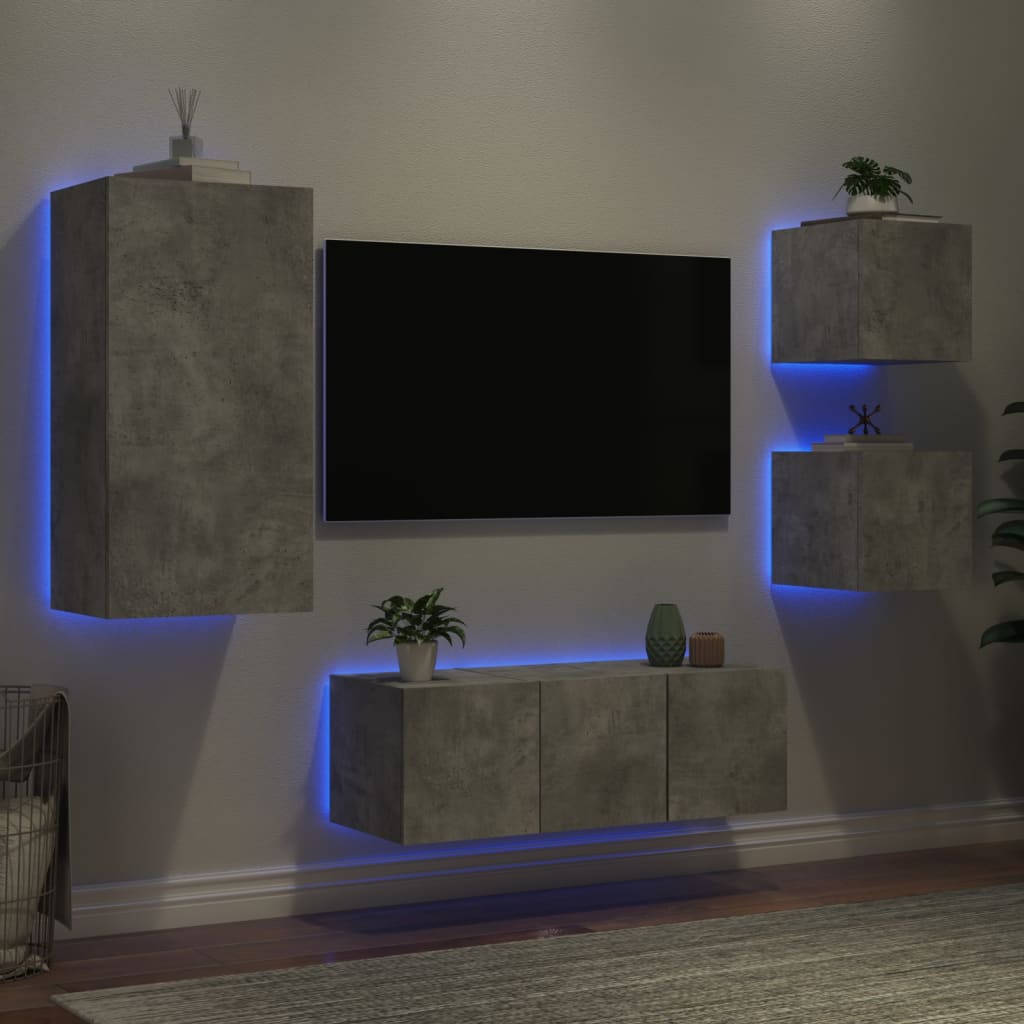 vidaXL Unități TV de perete cu LED-uri 5 piese gri beton lemn compozit