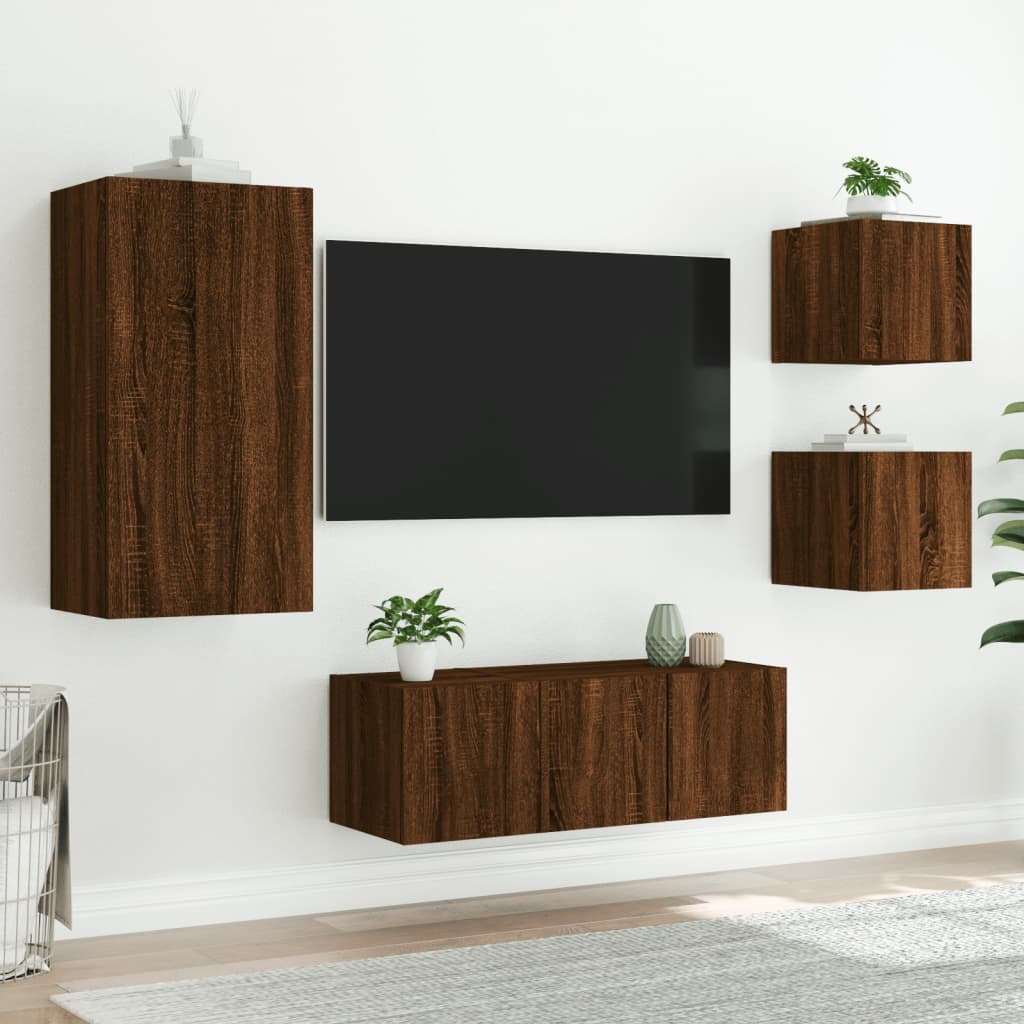 vidaXL Unități de perete TV cu LED-uri, 5 piese, stejar maro, lemn vidaXL Unități de perete TV cu LED-uri, 5 piese, stejar maro, lemn