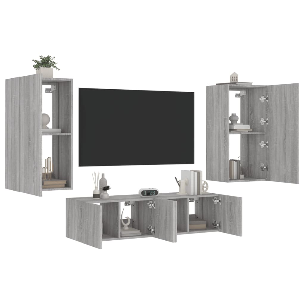 vidaXL Unități de perete TV cu LED-uri, 4 piese, gri sonoma, lemn