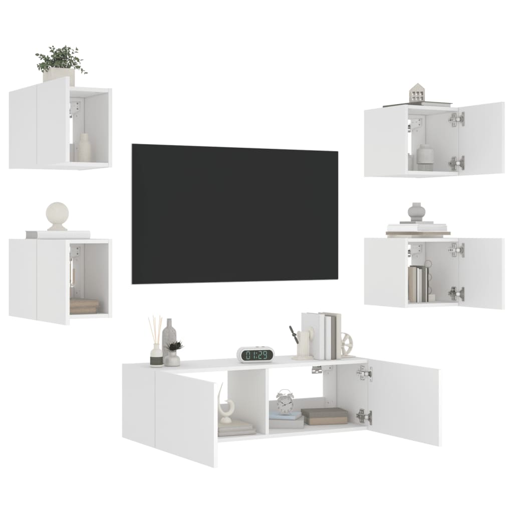 vidaXL Comode TV de perete cu lumini LED, 5 piese, alb