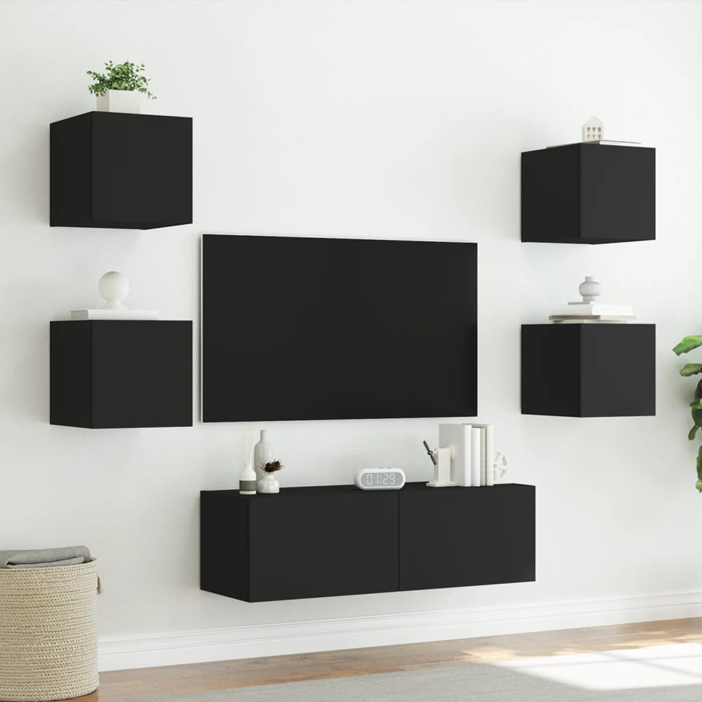 vidaXL Comode TV de perete cu lumini LED, 5 piese, negru