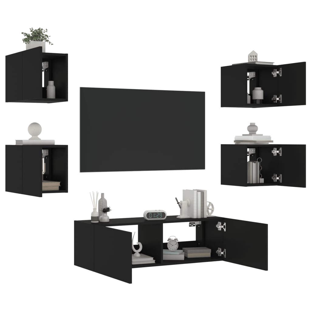 vidaXL Comode TV de perete cu lumini LED, 5 piese, negru