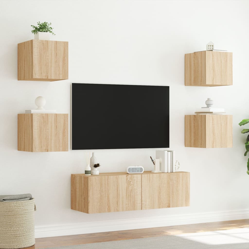 vidaXL Comode TV de perete cu lumini LED, 5 piese, stejar sonoma