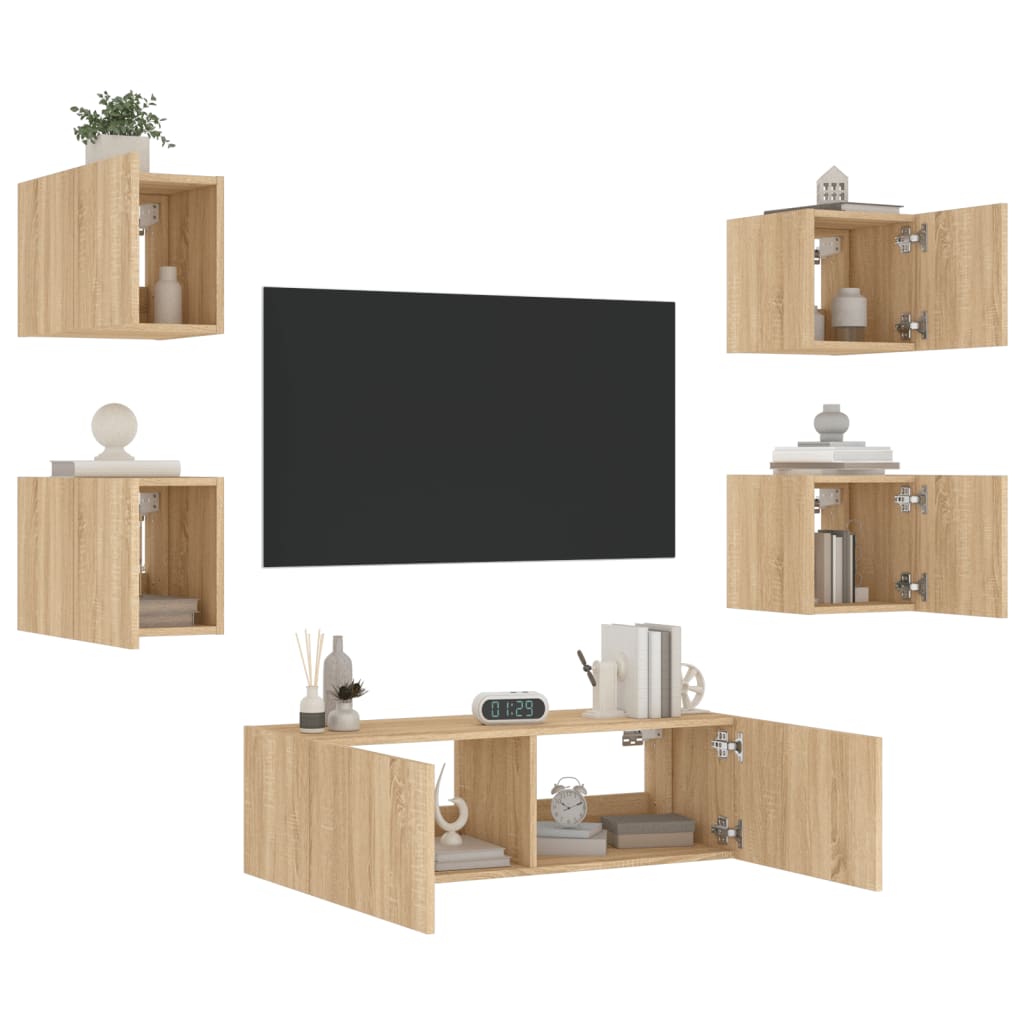 vidaXL Comode TV de perete cu lumini LED, 5 piese, stejar sonoma
