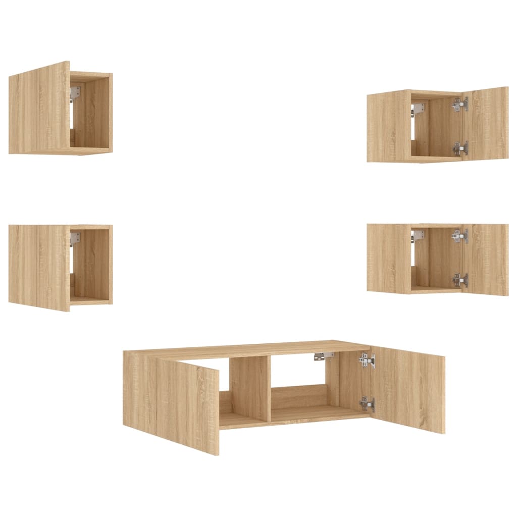 vidaXL Comode TV de perete cu lumini LED, 5 piese, stejar sonoma