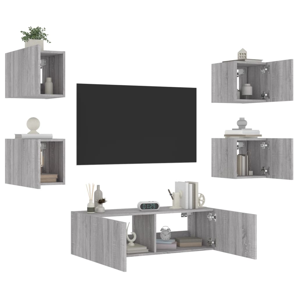 vidaXL Comode TV de perete cu lumini LED, 5 piese, gri sonoma
