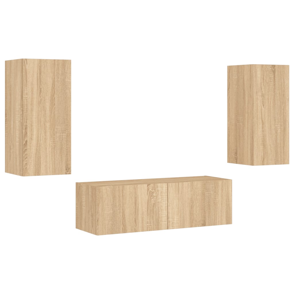vidaXL Comode TV de perete cu lumini LED, 3 piese, stejar sonoma