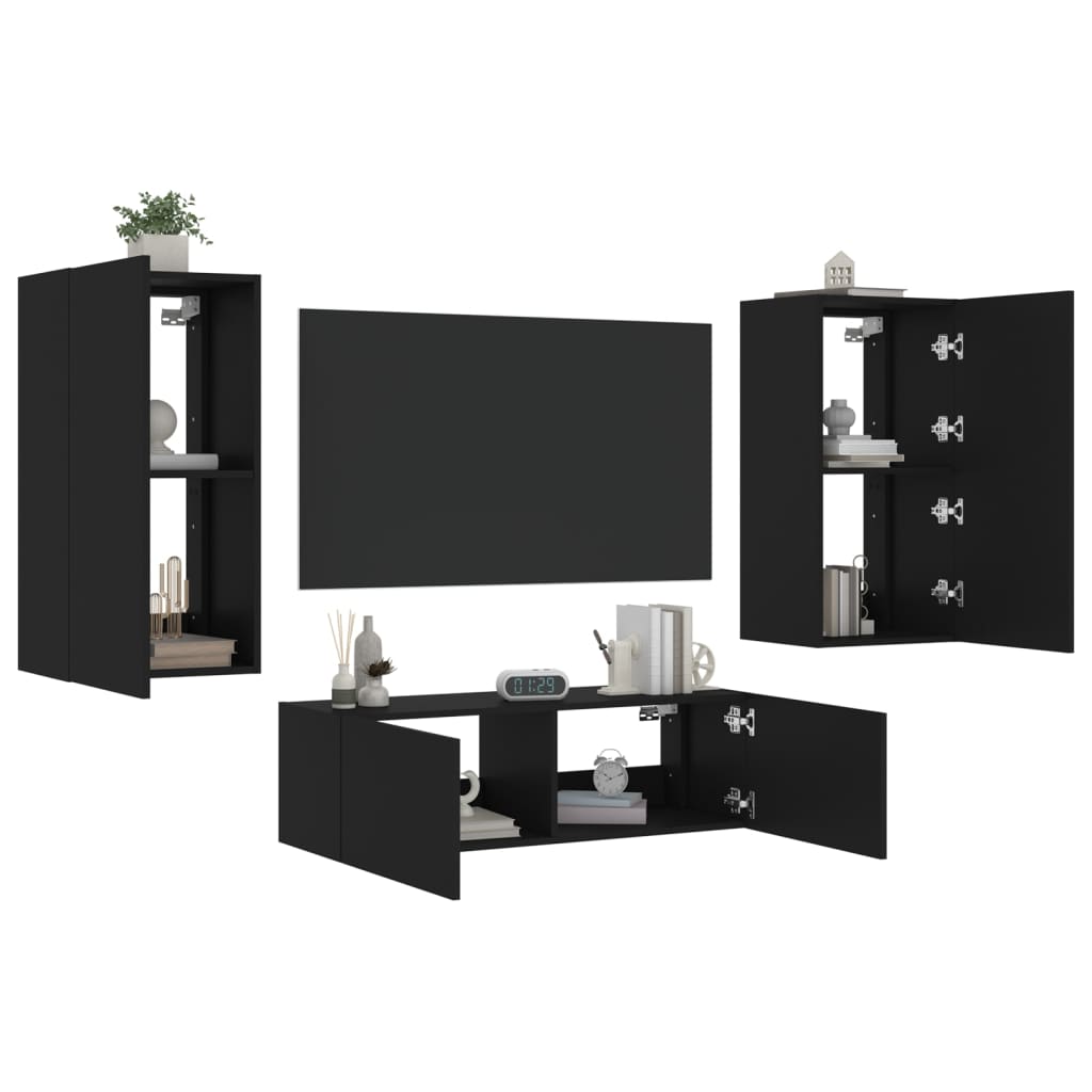 vidaXL Comode TV de perete cu lumini LED, 3 piese, negru