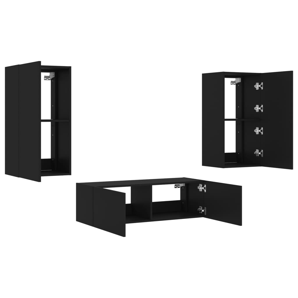vidaXL Comode TV de perete cu lumini LED, 3 piese, negru
