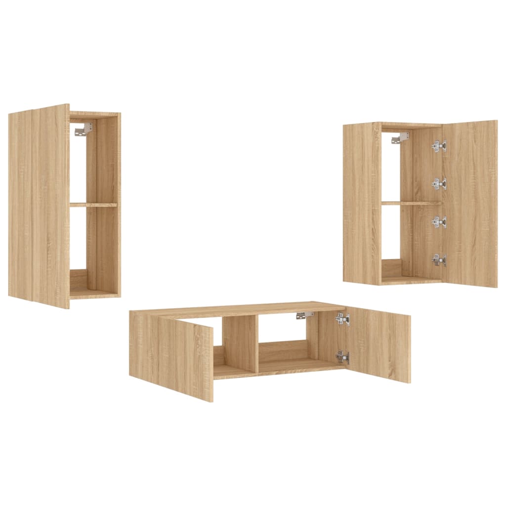vidaXL Comode TV de perete cu lumini LED, 3 piese, stejar sonoma