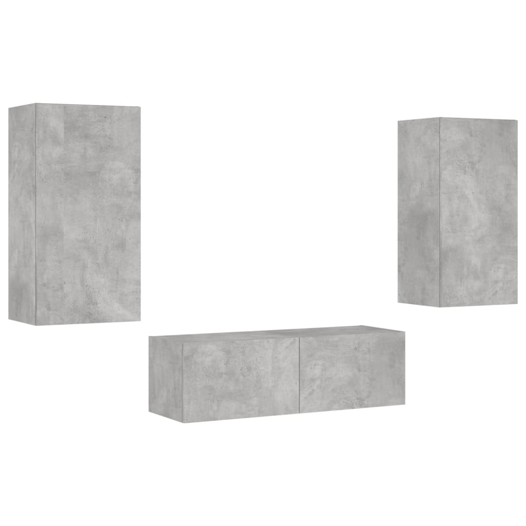 vidaXL Comode TV de perete cu lumini LED, 3 piese, gri beton