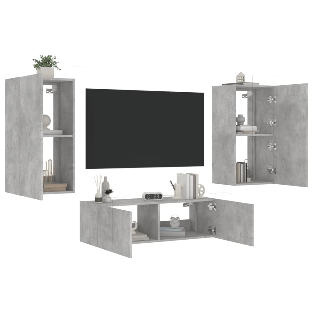 vidaXL Comode TV de perete cu lumini LED, 3 piese, gri beton