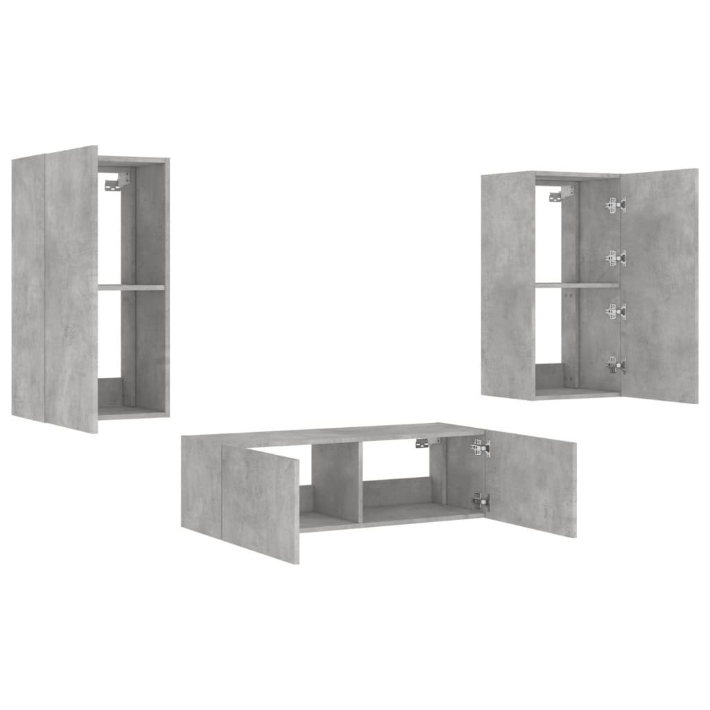 vidaXL Comode TV de perete cu lumini LED, 3 piese, gri beton