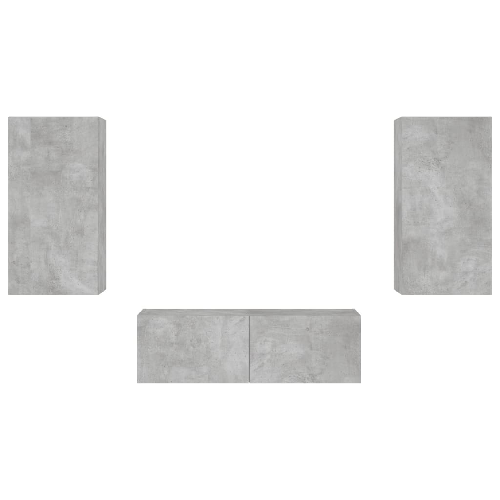 vidaXL Comode TV de perete cu lumini LED, 3 piese, gri beton