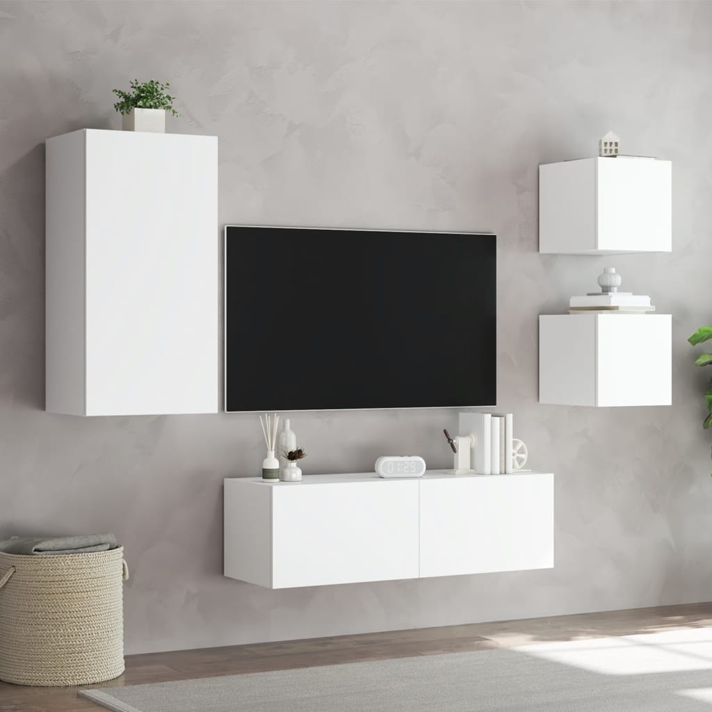 vidaXL Comode TV de perete cu lumini LED, 4 piese, alb
