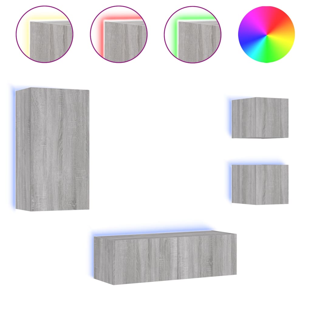 vidaXL Comode TV de perete cu lumini LED, 4 piese, gri sonoma