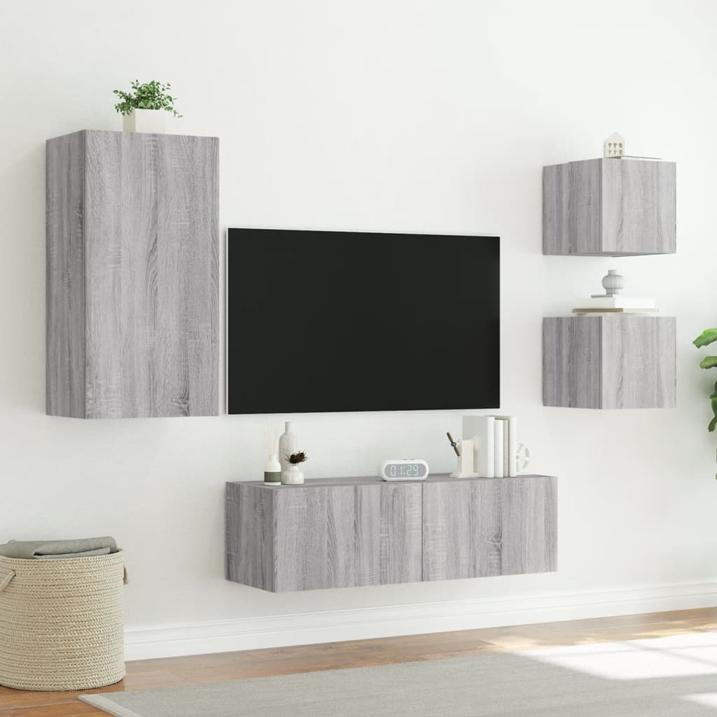 vidaXL Comode TV de perete cu lumini LED, 4 piese, gri sonoma