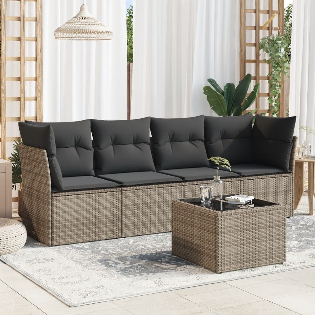 vidaXL Set canapea de grădină cu perne, 5 piese, gri, poliratan vidaXL Set canapea de grădină cu perne, 5 piese, gri, poliratan