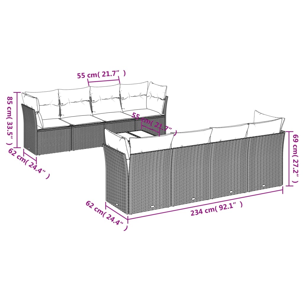 vidaXL Set mobilier de grădină cu perne, 9 piese, negru, poliratan