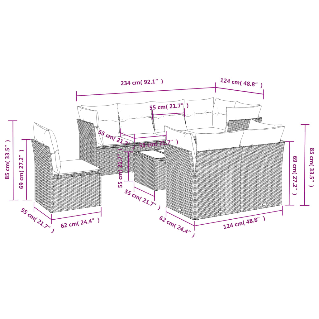 vidaXL Set mobilier de grădină cu perne, 9 piese, negru, poliratan vidaXL Set mobilier de grădină cu perne, 9 piese, negru, poliratan