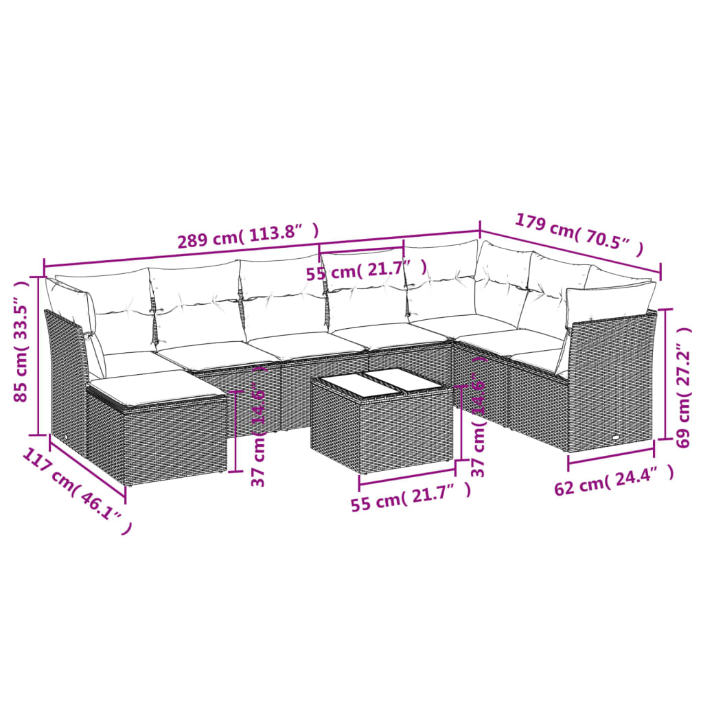 vidaXL Set mobilier de grădină cu perne, 9 piese, negru, poliratan