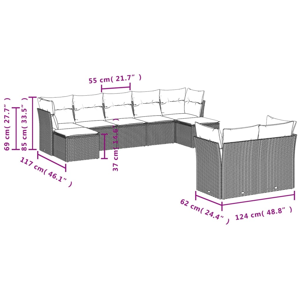 vidaXL Set mobilier de grădină cu perne, 9 piese, negru, poliratan