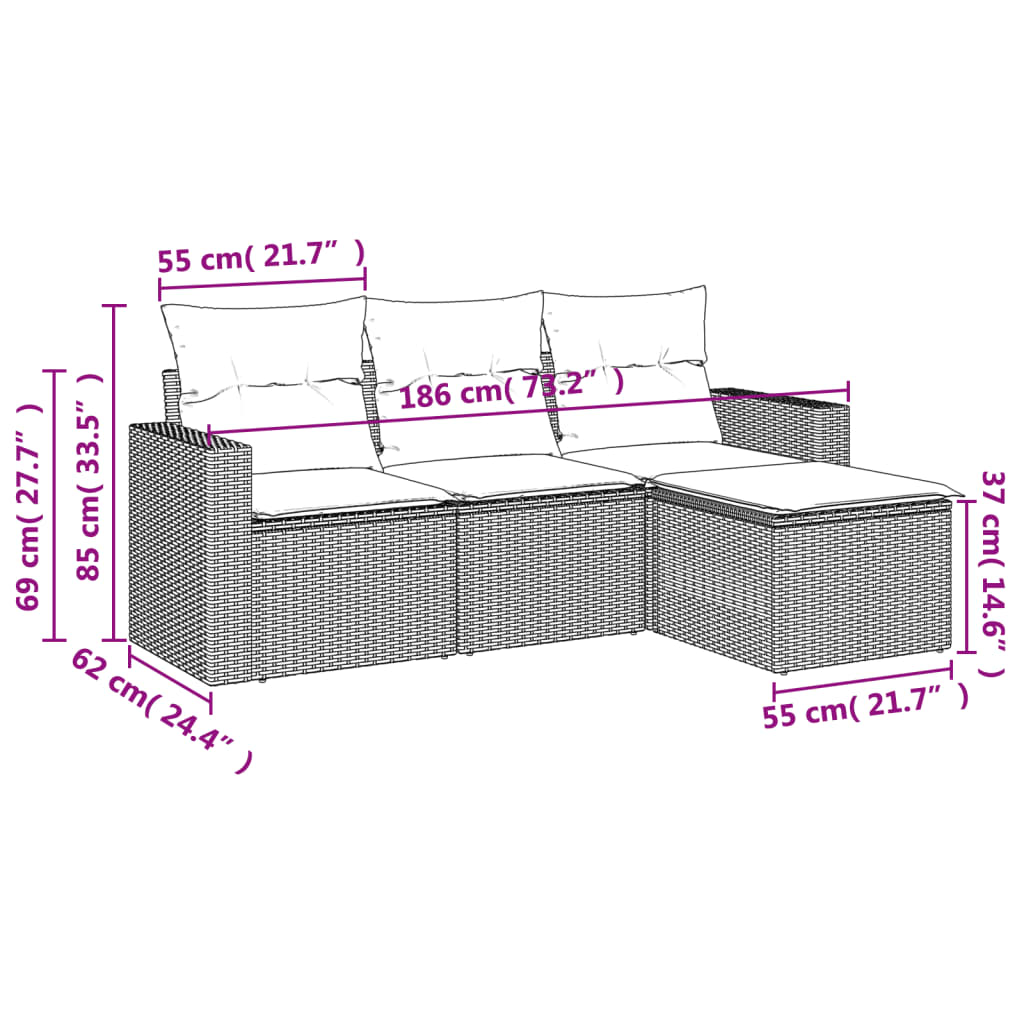 vidaXL Set canapea de grădină cu perne, 4 piese, gri deschis poliratan