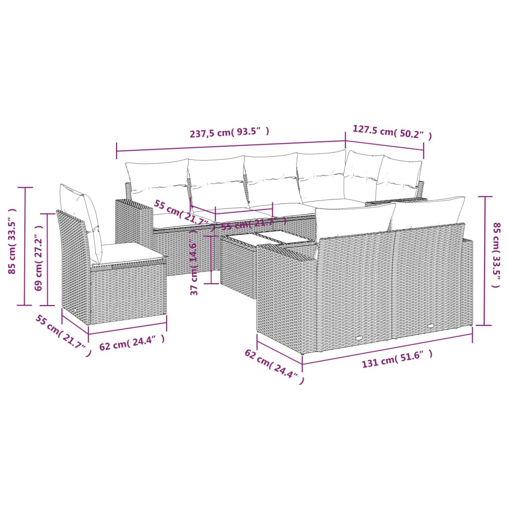 vidaXL Set mobilier de grădină cu perne, 9 piese, negru, poliratan vidaXL Set mobilier de grădină cu perne, 9 piese, negru, poliratan
