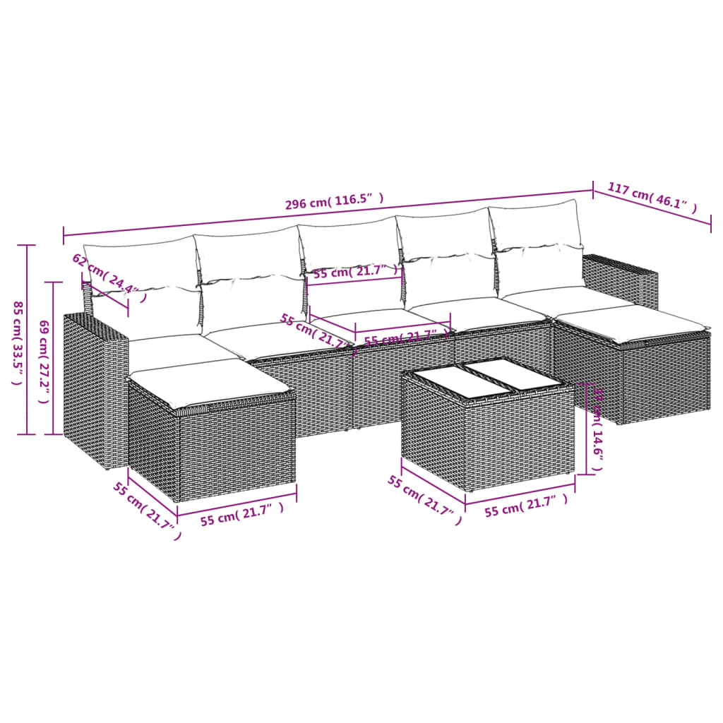 vidaXL Set mobilier de grădină cu perne, 8 piese, negru, poliratan