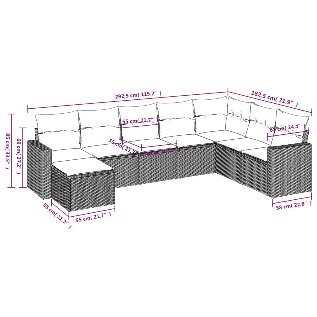 vidaXL Set mobilier de grădină cu perne, 8 piese, negru, poliratan