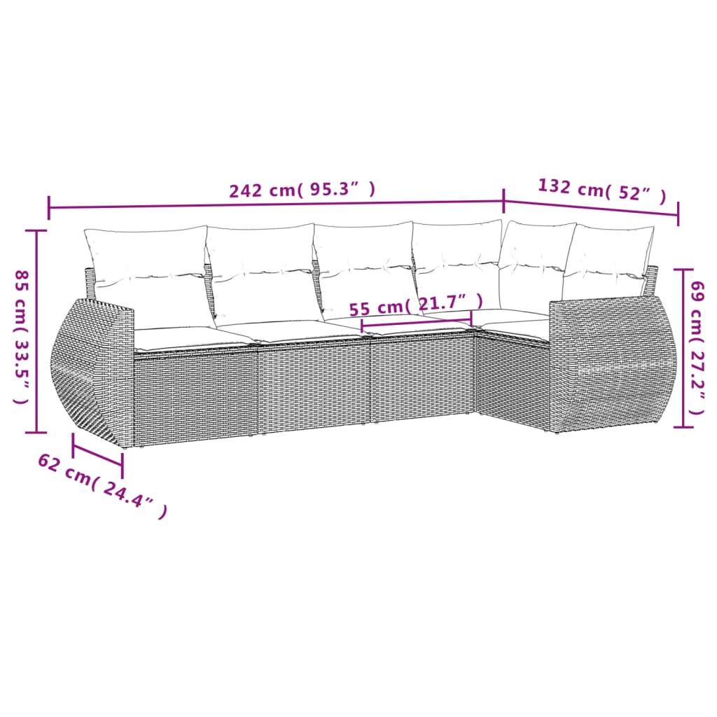 vidaXL Set canapea de grădină cu perne, 5 piese, gri, poliratan
