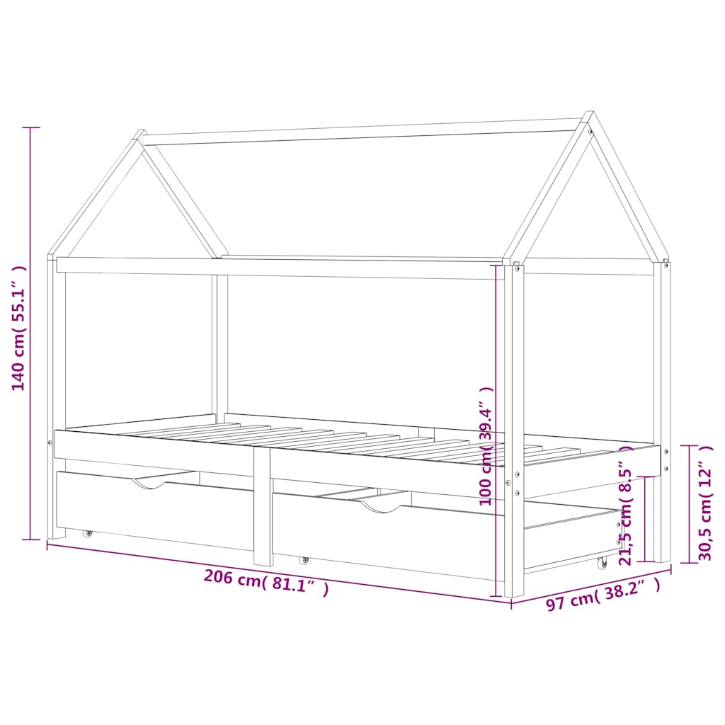 vidaXL Cadru de pat copii, cu sertare, 90 x 200 cm, lemn masiv de pin vidaXL Cadru de pat copii, cu sertare, 90 x 200 cm, lemn masiv de pin