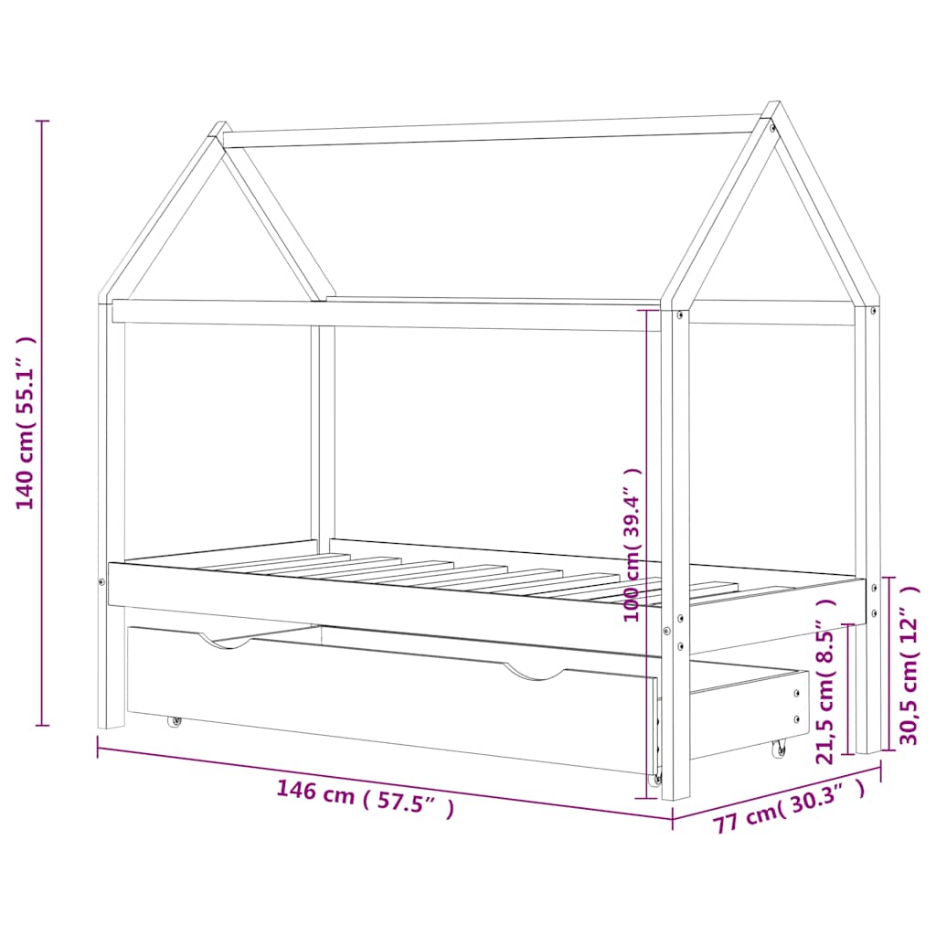 vidaXL Cadru pat copii cu un sertar, alb, 70x140 cm, lemn masiv de pin vidaXL Cadru pat copii cu un sertar, alb, 70x140 cm, lemn masiv de pin