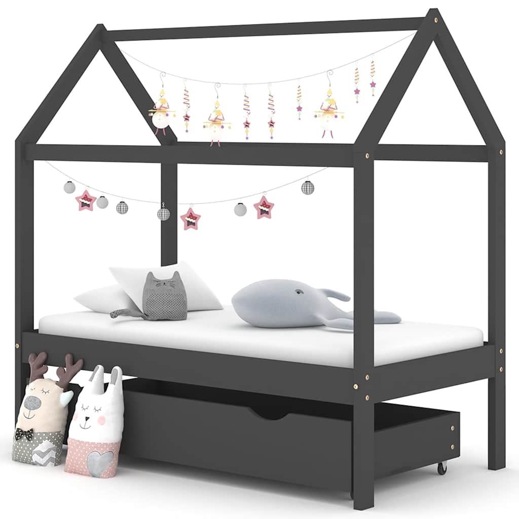 vidaXL Cadru pat copii cu sertar gri închis 70x140 cm lemn masiv pin vidaXL Cadru pat copii cu sertar gri închis 70x140 cm lemn masiv pin
