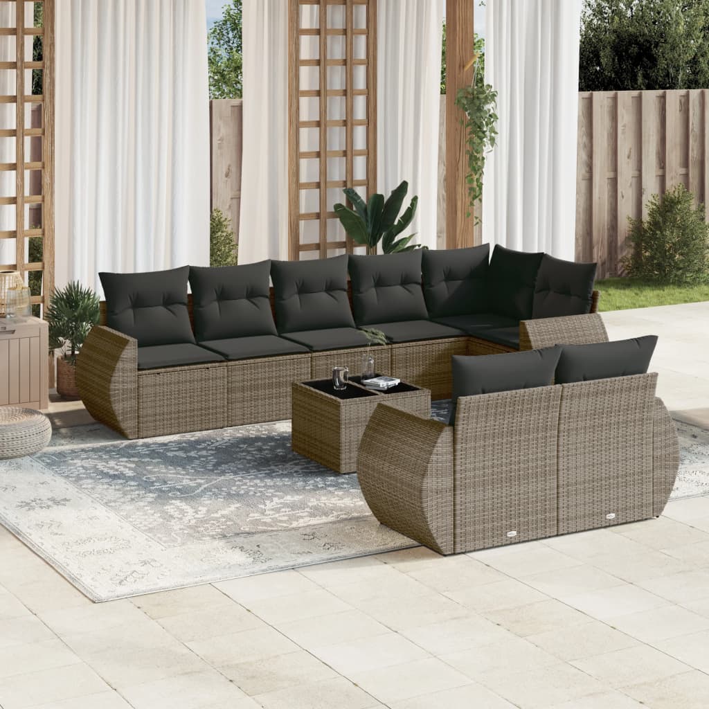 vidaXL Set canapele de grădină, 9 piese, cu perne, gri, poliratan vidaXL Set canapele de grădină, 9 piese, cu perne, gri, poliratan
