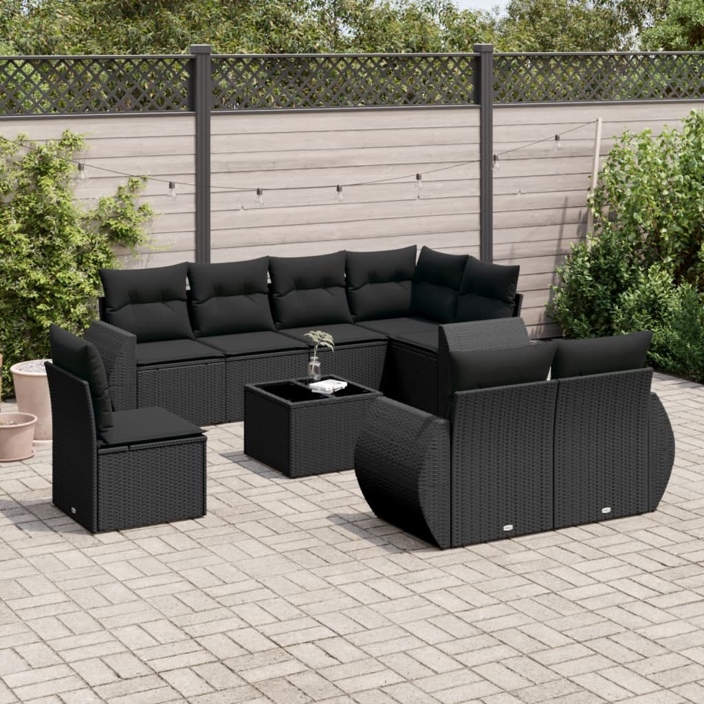 vidaXL Set mobilier de grădină cu perne, 9 piese, negru, poliratan vidaXL Set mobilier de grădină cu perne, 9 piese, negru, poliratan