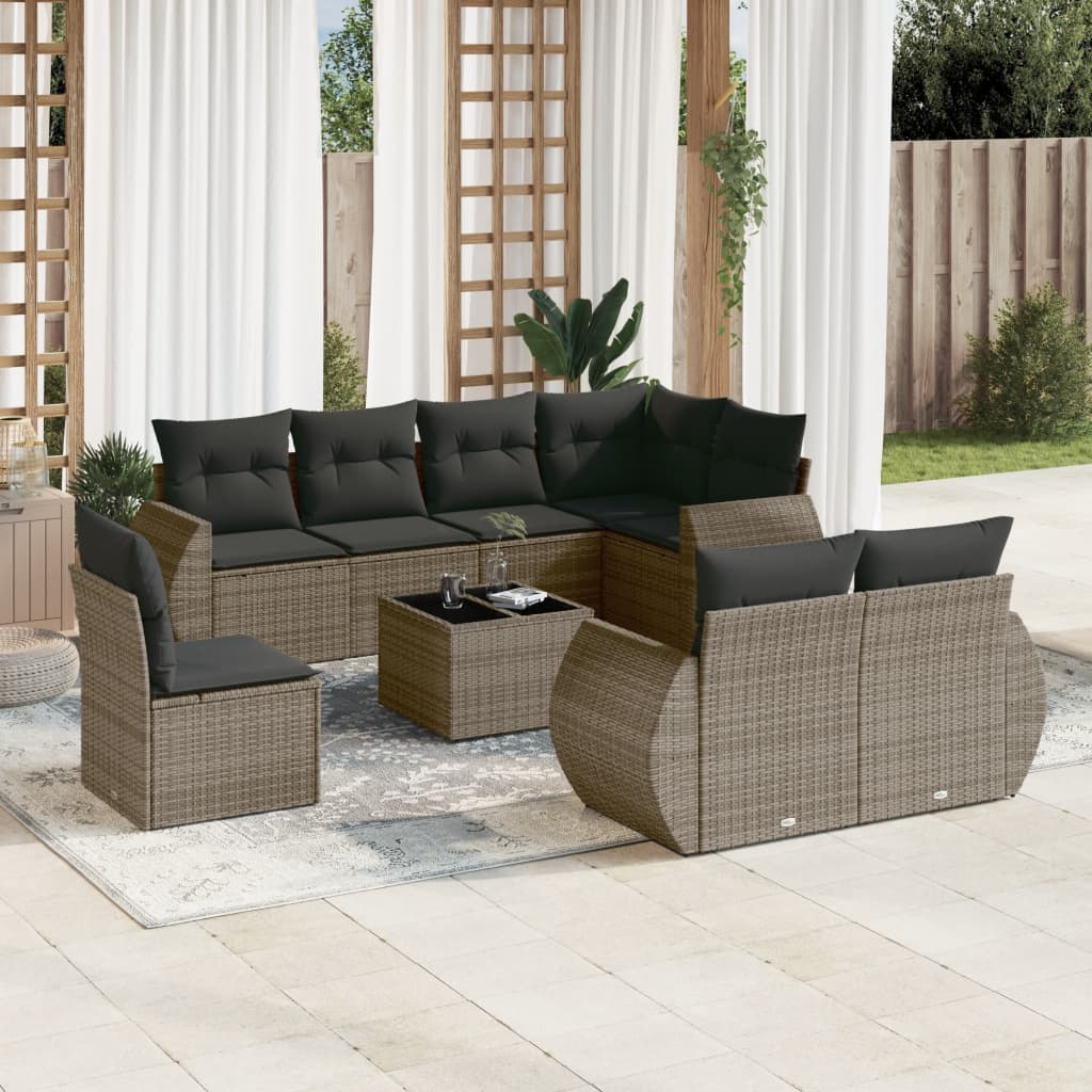 vidaXL Set canapele de grădină, 9 piese, cu perne, gri, poliratan vidaXL Set canapele de grădină, 9 piese, cu perne, gri, poliratan