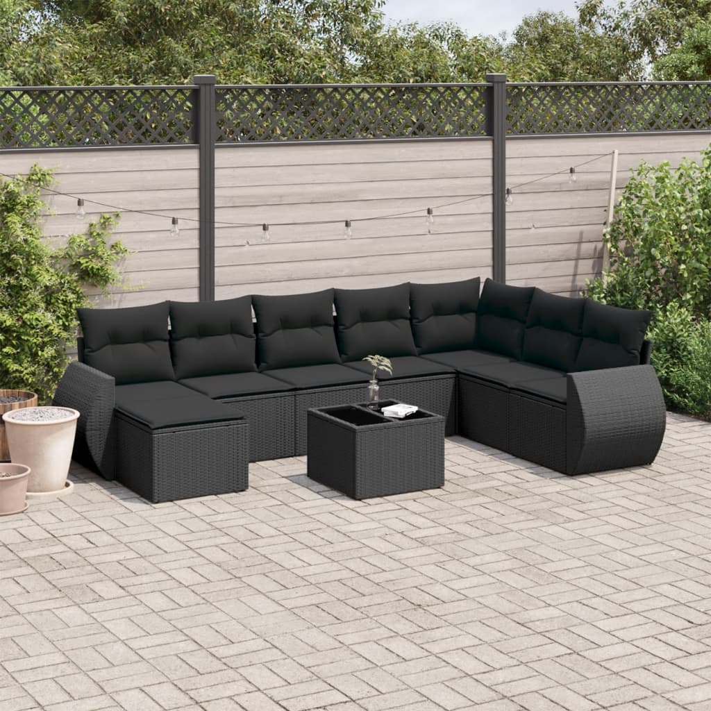 vidaXL Set mobilier de grădină cu perne, 9 piese, negru, poliratan vidaXL Set mobilier de grădină cu perne, 9 piese, negru, poliratan